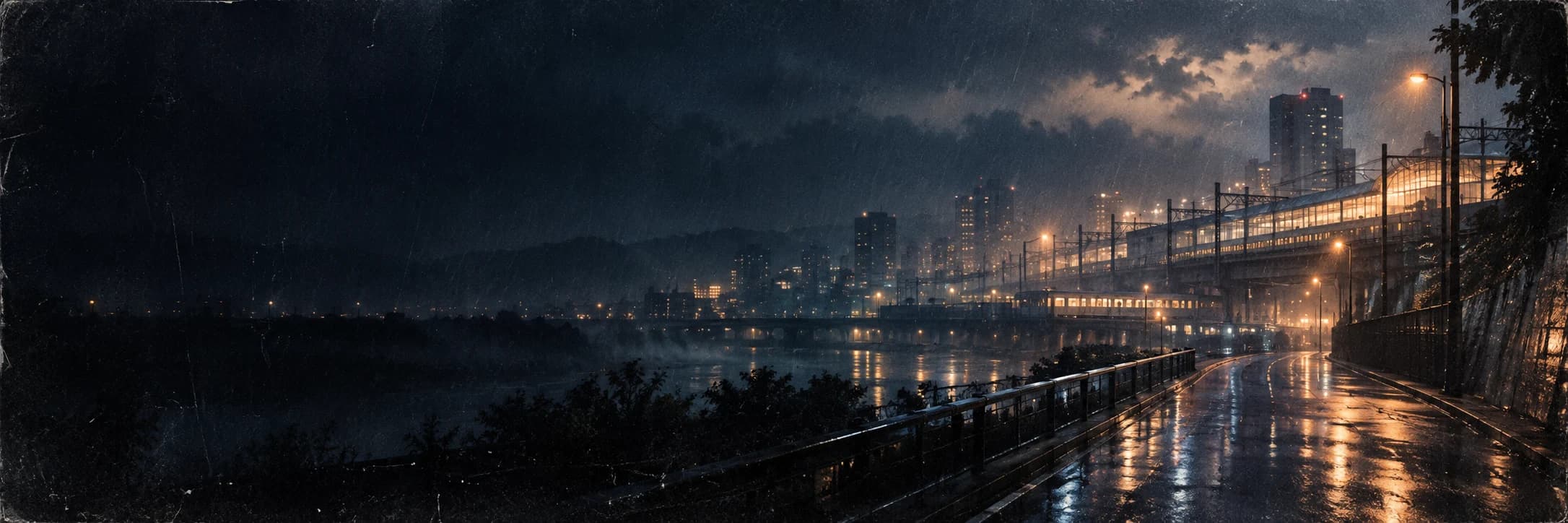 雨の仙台へ続く夜の街と線路