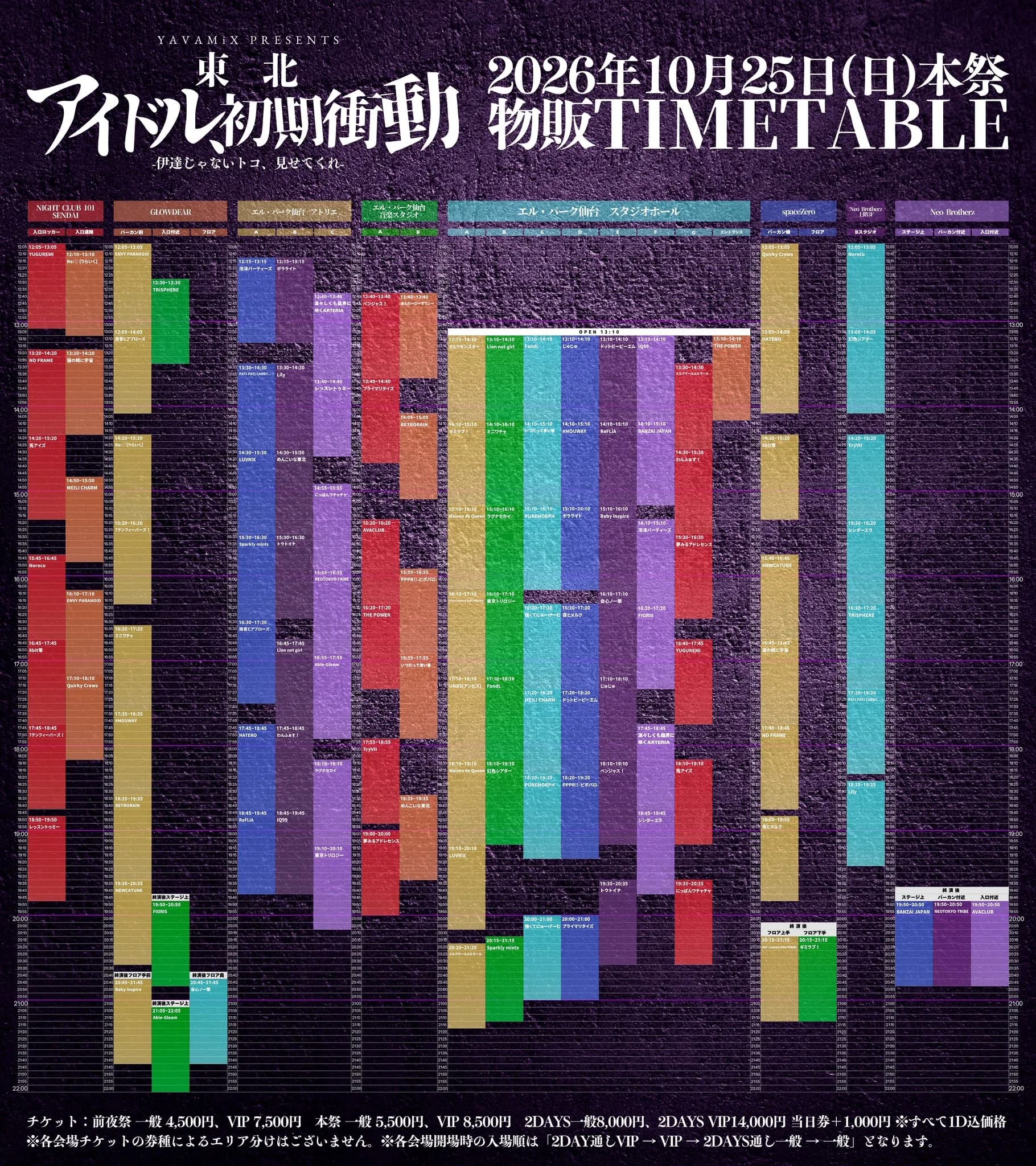 東北アイドル初期衝動 10.25 本祭 物販タイムテーブル。RETRORAINの特典会は14:05–15:05 エル・パーク仙台 音楽スタジオ B、18:35–19:35 GLOWDEAR バーカン前。